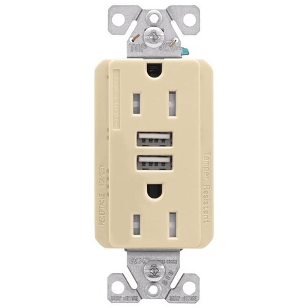 Eaton Wiring Devices TRUSB5A15 Receptacle, 2 Pole, 5 A, 125 VAC, 2 USB Port, Type A USB, Ivory TRUSB5A15V-K-L